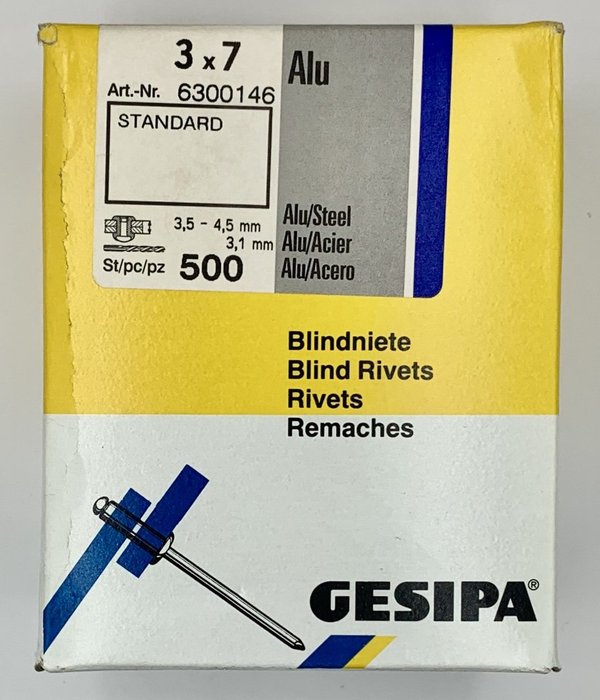 500 x GESIPA Blindniete ø 3 x 7 mm Flachrundkopf für Aluminium & Stahl