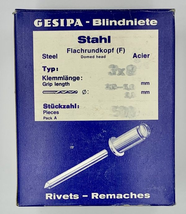 500 x GESIPA Blindniete ø 3 x 8 mm Flachrundkopf für Stahl