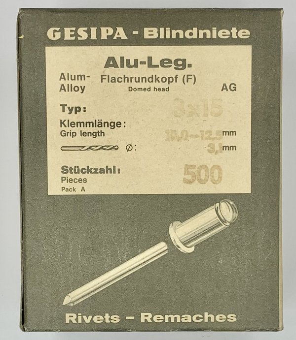 500 x GESIPA Blindniete ø 3 x 15 mm Flachrundkopf für Aluminium