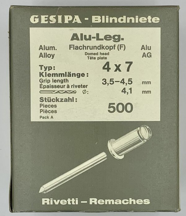 500 x GESIPA Blindniete ø 4 x 7 mm Flachrundkopf für Aluminium