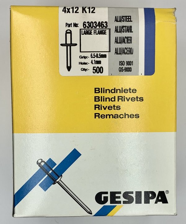 500 x GESIPA Blindniete ø 4 x 12 mm lang Flachrundkopf für Aluminium & Stahl